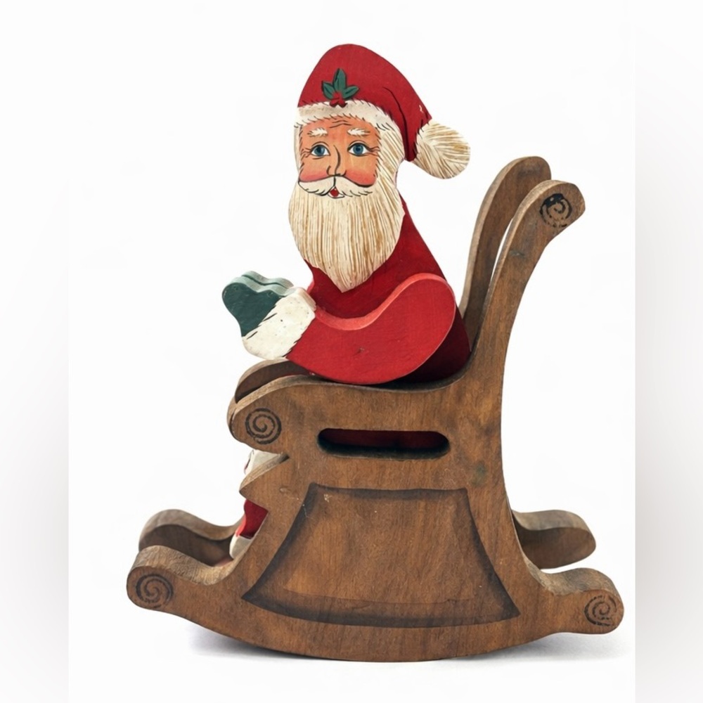 Hand-Carved & Painted Wooden Santa in Sleigh Christmas Decoration 6.5” - Picture 2 of 8